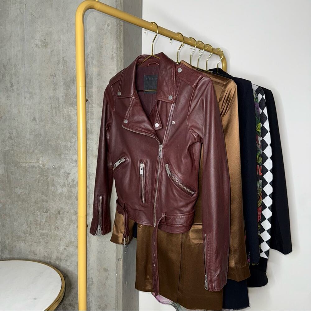 ALLSAINTS Balfern Moto Leather Biker Jacket in Burgundy Womens 0 EUC - Picture 3 of 17